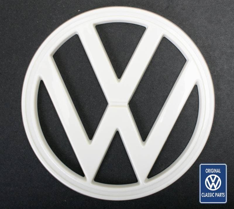 FRONT NOSE EMBLEM, 7" WHITE PLASTIC *OEM* BUS 1973-79 (Clips Part # 211-619)