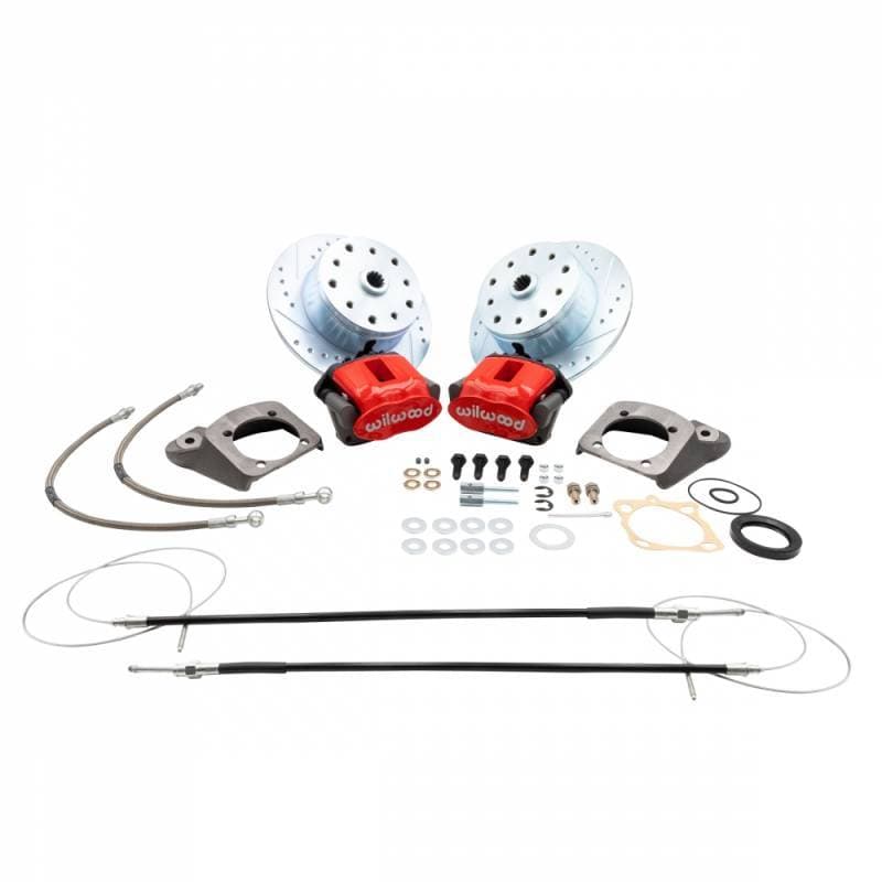 REAR DISC BRAKE KIT, RED WILWOOD HIGH PERFORMANCE CALIPERS WITH E-BRAKE, 5x130 & 5x4.75, BUG & GHIA 1958-67