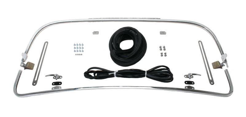 SAFARI FRONT WINDOW POP OUT KIT, BUG CONVERTIBLE 1965-72, CHROME FRAME, SLIDERS, LATCHES, SEALS & HARDWARE *MADE IN USA*
