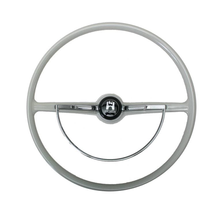 STEERING WHEEL, SILVER BEIGE WITH HORN BUTTON AND RING, BUG / GHIA / TYPE 3 1964-71 *FACTORY BLEMISH, SLIGHT COSMETIC DEFECT NO EXCHANGES OR RETURNS*