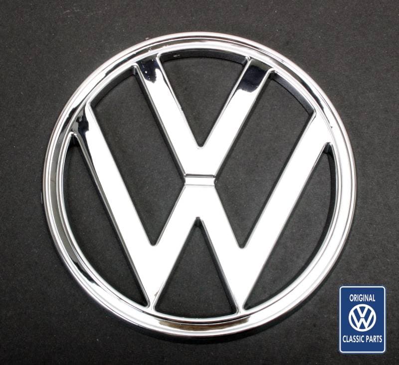 FRONT NOSE EMBLEM *OEM VW GERMAN* 7" CHROME PLASTIC, BUS 1973-79 (Clips Part # 211-619)