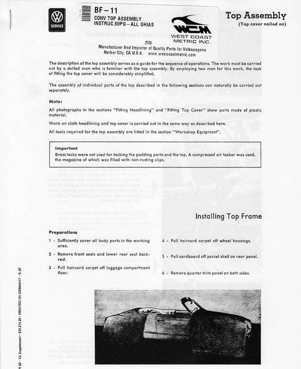 CONVERTIBLE TOP ASSEMBLY INSTRUCTIONS 60 PAGES, GHIA CONV. 1958-69 1/2 (1969 Up to 149431008, but helpful up to 1974)