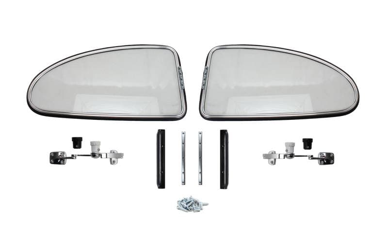 POP-OUT WINDOW KIT, BUG 1952-64, LEFT & RIGHT WITH FRAMES, GLASS, HARDWARE AND BK & IV KNOBS (Pinch Welt Separate Part # 113-131B-BK or 113-131B-WH)