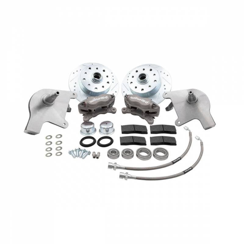 FRONT DISC BRAKE KIT, SILVER WILWOOD 4 PISTON CALIPERS W/ DROP SPINDLES, 5x130 & 5x4.75, BALL JOINT STD BUG 1966-77, GHIA 1966-74