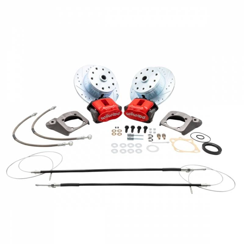 REAR DISC BRAKE KIT, RED WILWOOD HIGH PERFORMANCE CALIPERS WITH E-BRAKE, 5x130 & 5x4.75, BUG & GHIA 1958-67