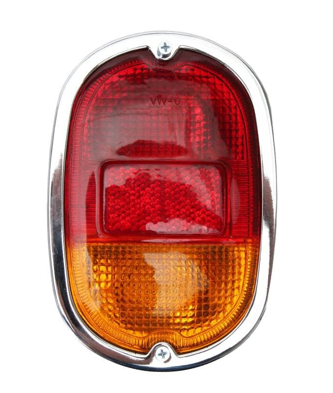 TAIL LIGHT, COMPLETE DUAL BULB HOUSING, RED / AMBER LENS WITH CHROME RING & SEAL, BUS 1962-71