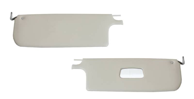 SUNVISORS, WHITE LEFT & RIGHT WITH MIRROR ON PASSENGER SIDE, BUG CONV. 1965-72 (NOTE: Comes with Rods for 1968-72 ONLY, 1965-67 must use old Rods)